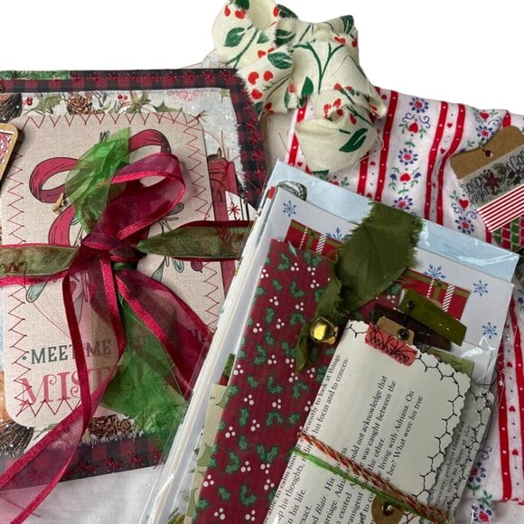 Christmas Junk Journal  With Charm u Washi  Fabric Wrap Tons Ephemera Handmade C - Picture 2 of 16